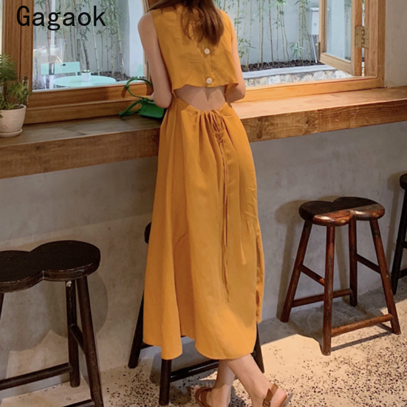 

Gagaok Women Vintage A-Line Dress 2020 Summer New Square Collar Button Solid Sleeveless Chic Wild Midi Fashion Waistless Dresses, Black