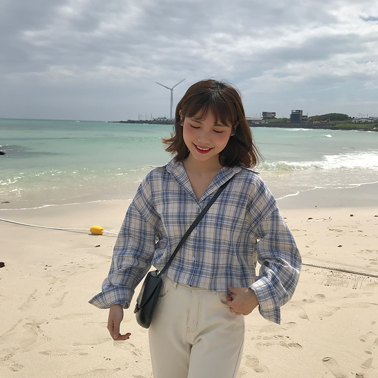 

Bf Casual Loose Plaid Shirt Female Korean Harajuku Cute Women's Shirts Ulzzang Japanese Kawaii Ladies Vintage Clothes For Women, Black