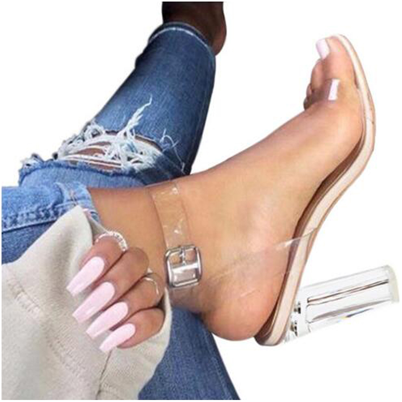 

Women Sandals Ankle Strap Perspex High Heels PVC Clear Crystal Concise Classic Buckle Strap High Quality Shoes, Black