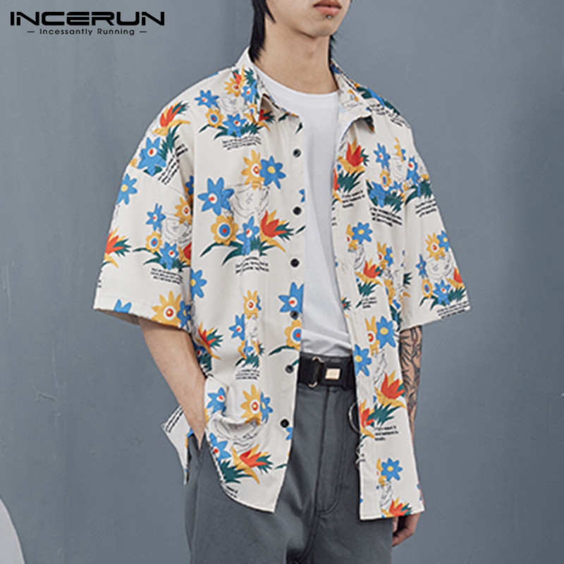 

INCERUN 2020 Fashion Men Printed Shirts Short Sleeve Lapel Blusas Loose Summer Holiday Camisa Hombre Chemise Breathable Tops, White shirt