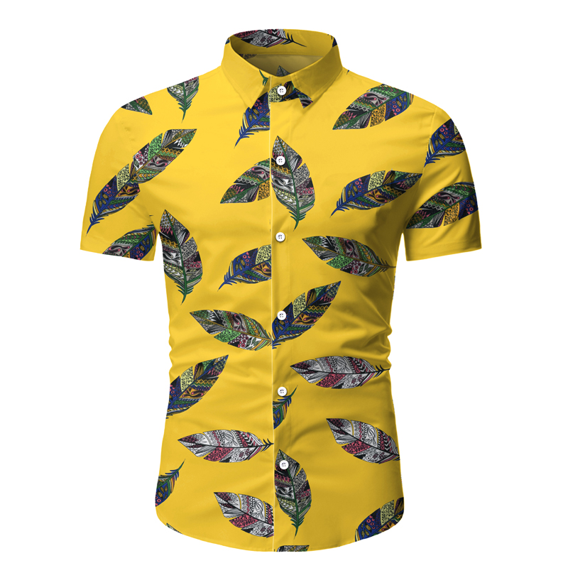 

Amazon men's short sleeve shirt Beach tourism hollowed-out fashion printed short sleeve shirt youth style, Tw05-yellow