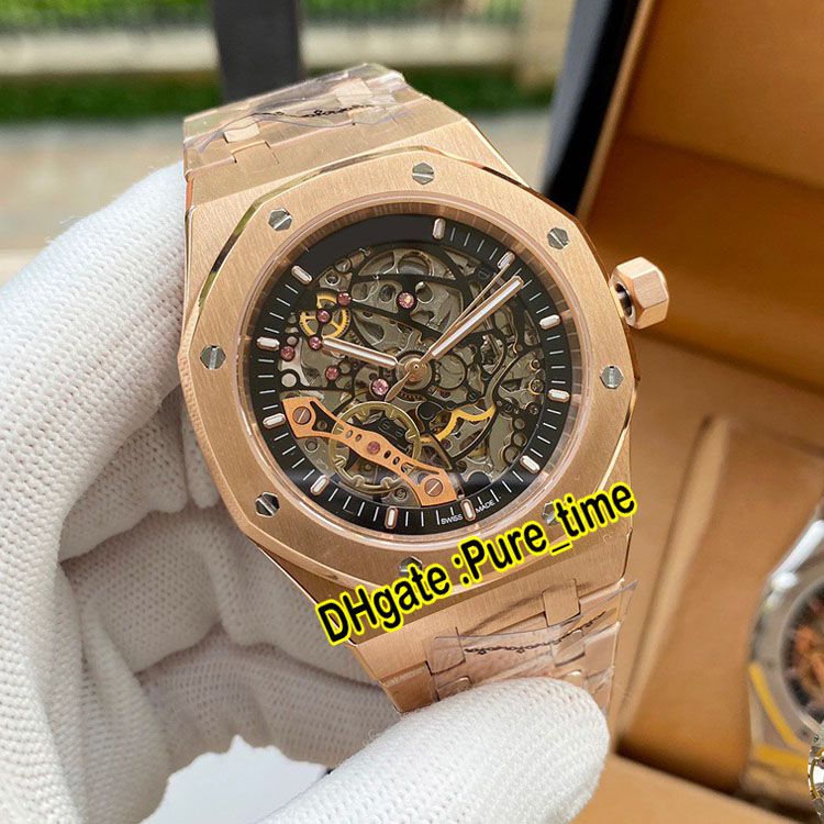 

New Royal 15407OR.OO.1220OR.01 Automatic Mens Watch Black Hollow Skeleton Dial Double Balance Rose Gold Steel Bracelet Watches Pure_time, Custom waterproof service
