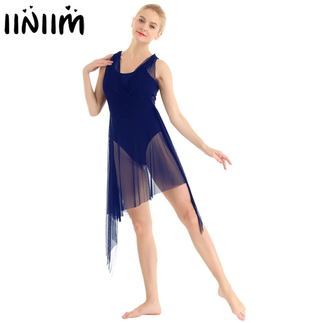 

Women Adult Sleeveless Crisscross Spaghetti Straps Asymmetrical Leotard Dancing Costume Classic Solid Mesh Performance Costume, Black