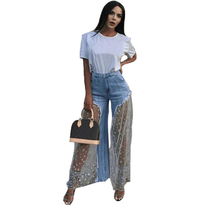 

Lace Mesh Spliced Denim Pants Women Casual Star Print Sexy Burr Perspective Long Women Jean Elegant Outwear Loose Pants, Light blue jean