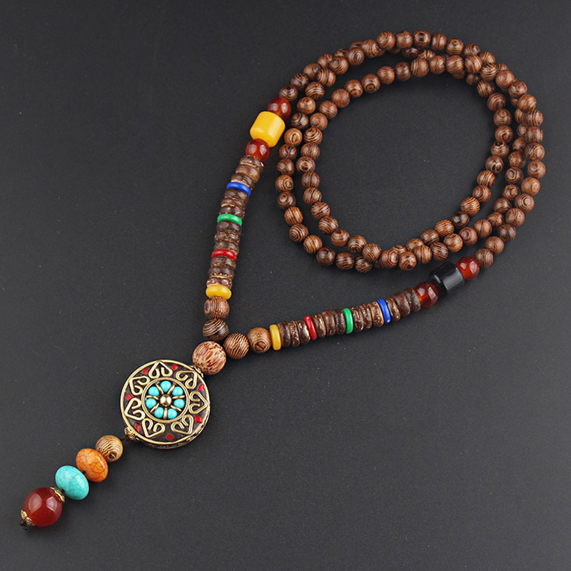 

Handmade Buddhist Wood Beads Round Pendant & Necklace Long Ethnic Necklace Nepal jewelry Women Men Accessories