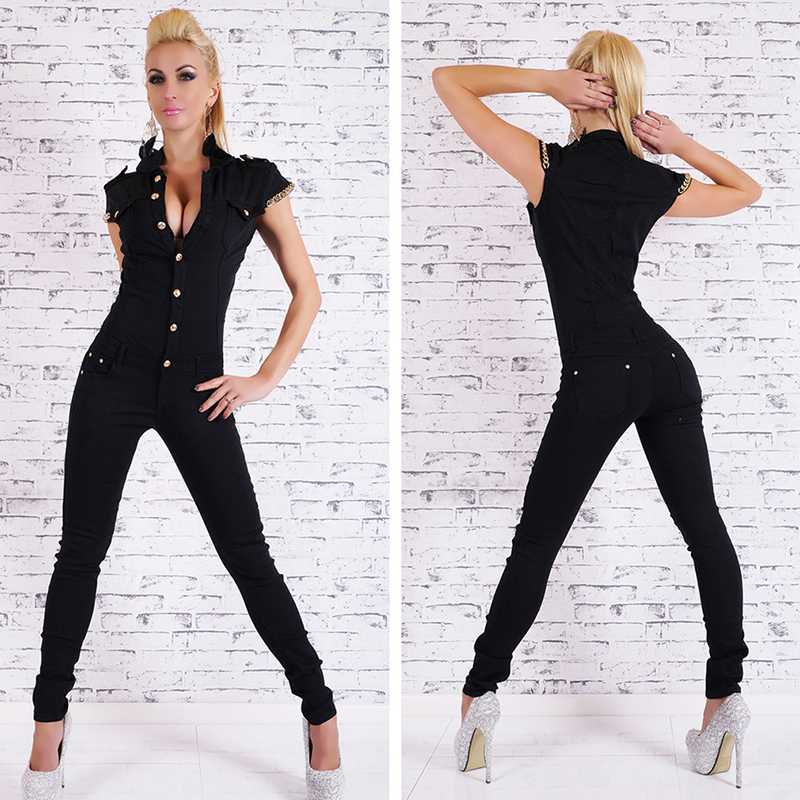 Bigsweety Hot Sale Denim Long Jumpsuit Womens Sexy Deep V Neck Jean Jumpsuits Buttons Chain Black Overalls For Women Rompers