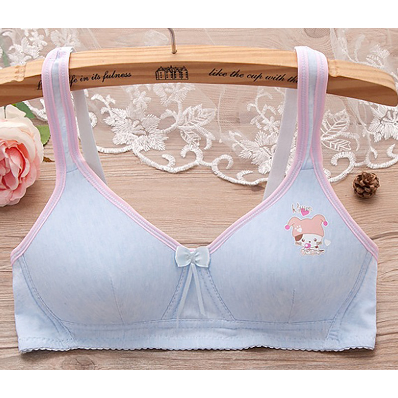 

Women Bras Cute Cartoon Print Bow Knot Teenage Girl Underwear Students Wire Free Bras, Blue