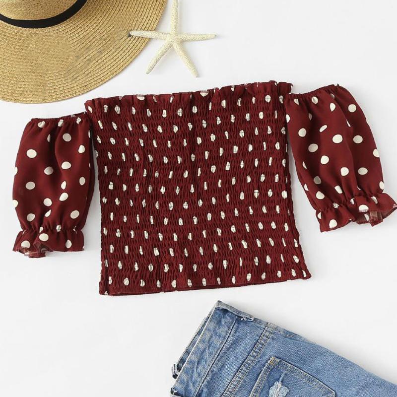 

Women Summer print women' blouse Casual Off The Shoulder Ruched Dot Printed Tank womens shirts sexy lace up Tops Blouse#p30, As pic