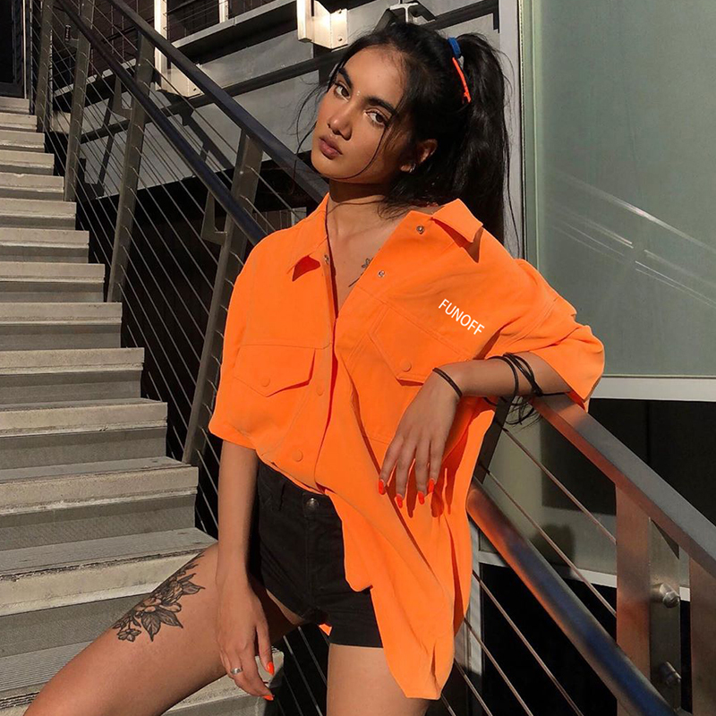 HEYounGIRL Neon Orange Casual Loose Long T Shirt Dress Harajuku Korean Half Sleeve Tee Shirt Women Letter Print T-shirt Ladies CY200512
