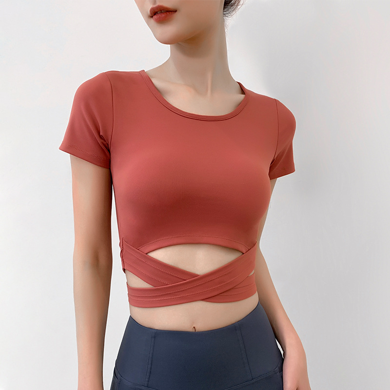 

Gym Crop Top Short Sleeve Yoga Crop Top Padding Sport Fitness Women Sport T Shirt Black Orange Purple Red TShirt Wear