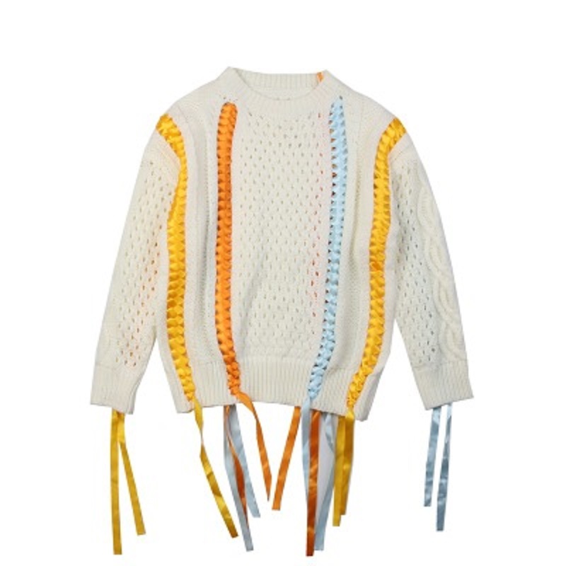 

Brand Designer 2019 Loose Woven Ribbon O-neck Hollow Out Sweet Women Pullovers Sweater Loose Lazy Style Winter Women Clothes, As pic