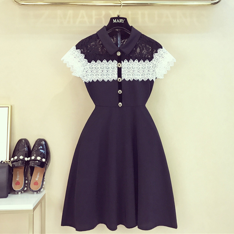 

2019 New Fashion Elegant Women Summer Hollow Out Lace Patchwork Mini Dress Vintage Button Peter Pan Collar Short Sleeve Dress, Same as picture