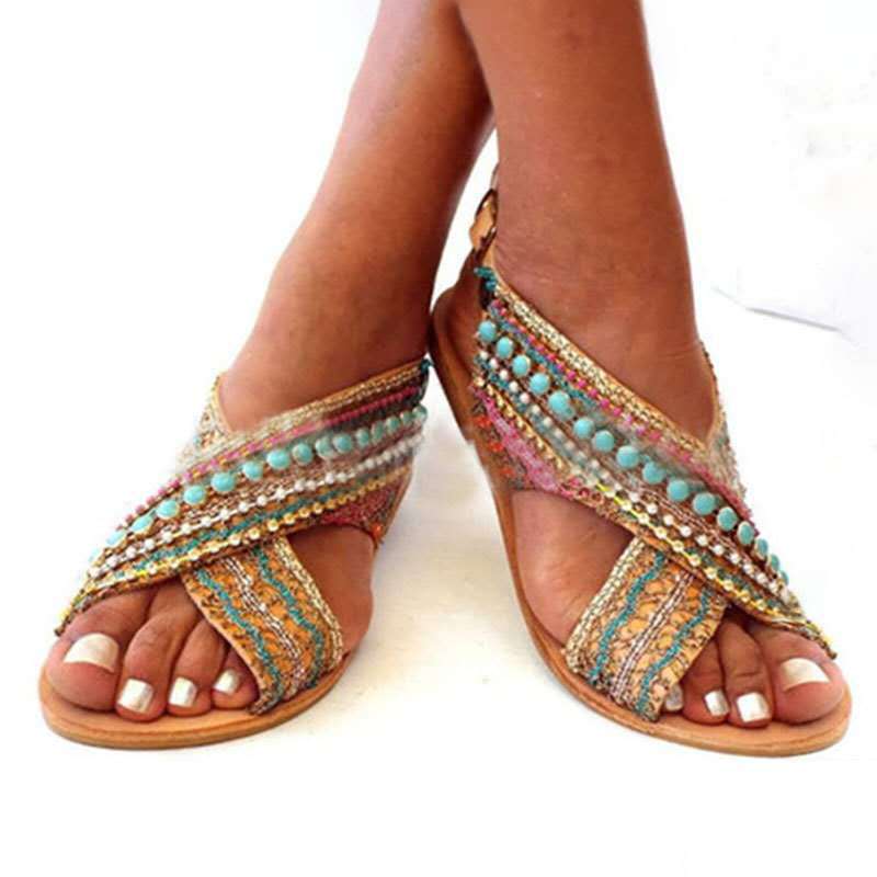 

AKEXIYA Women's Plus Size Sandals 2020 New Ethnic Style Bohemian Colorblock Beaded Women's Flat Buckle Open Toe Sandals