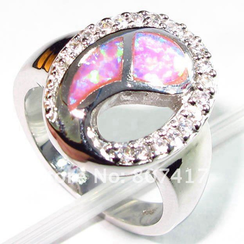 

SHUNXUNZE Flash sale pink opal with white Cubic Zirconia charms European rings Jewelry For Women Wedding Party Rhodium Plated R176 size 6 8