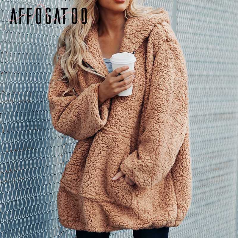 

Affogatoo Faux lambswool thick women jacket coat plus size Winter warm teddy coat Hooded fur 2018 outerwear female overcoat, Deep camel