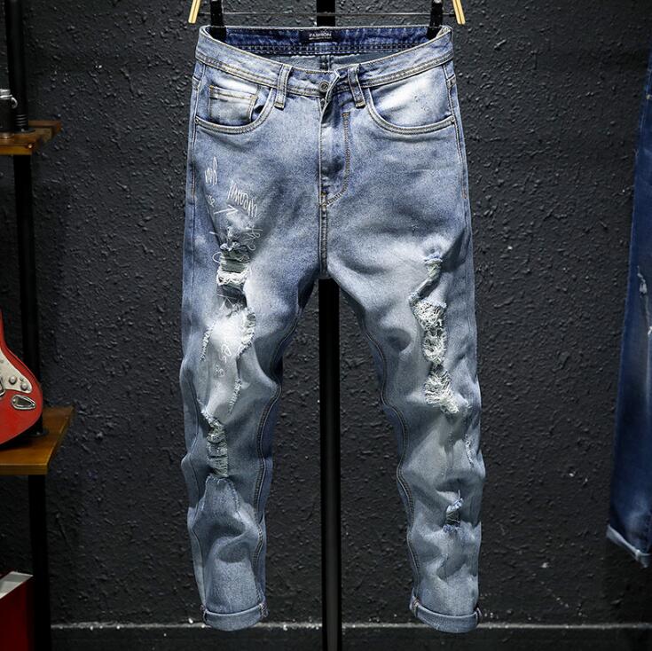 

Brand new spring summer street men fashion cool ripped jeans man denim pants ninth pants, Blue