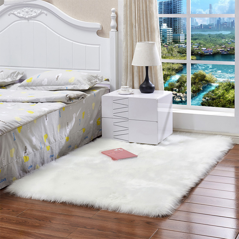 

Rectangle Soft Faux Sheepskin Fur Area Rugs Floor Shaggy Silky Plush Carpet Warm Fur Rug Bedside Rugs For Bedroom Living Room, White