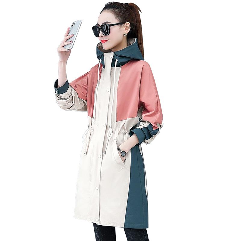 

2020 fashion thin trench coat for women spring autumn hooded outerwear splice long windbreaker student casual top plus size 3234, Apricot