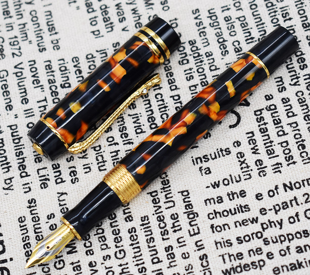 

Marble Celluloid Fountain Pen 22KGP Medium Nib Writing Gift Ink Pen, Amber/Green/Red Flowers Nice Pattern with Crocodile Clip
