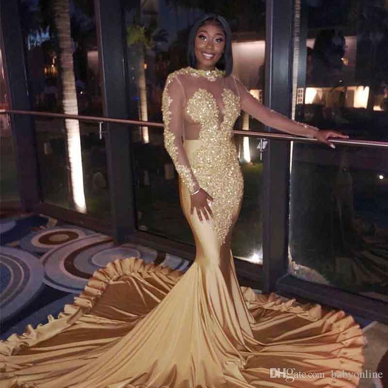 

Gold Champagne Mermaid Prom Dresses Vintage Long Sleeve High Neck Beads Appliques Long Vestidos Prom Evening Gowns Plus Size, Ivory