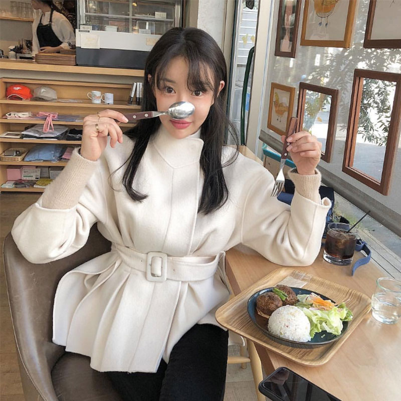 

Women' handmade Korean white double-sided woolen solid color coat loose wool coat