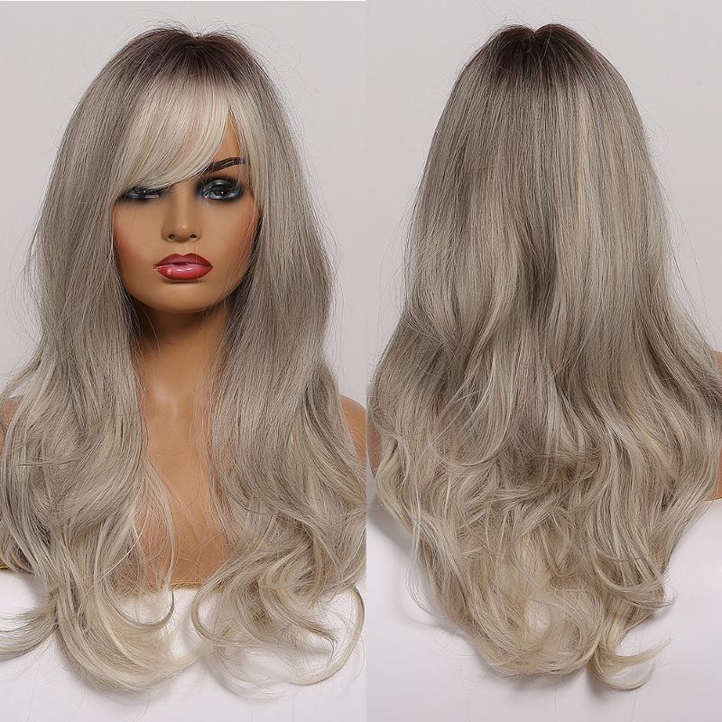 

Long Wavy Brown to Gray Ombre Hair With Side Bangs Heat Resistant Natural Synthetic Wigs for Afro Women Cosplay Fashion Wigs, Lc2291