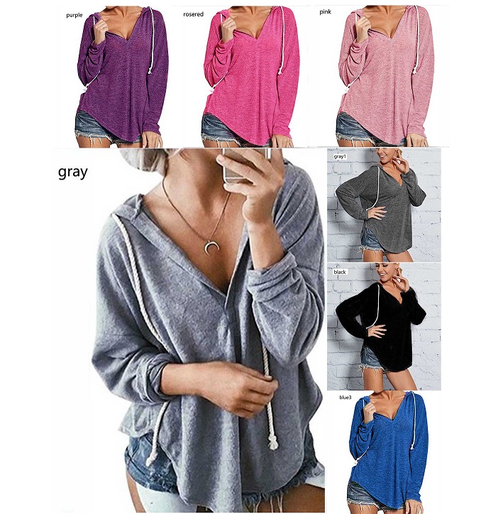 

Women Casual Hoodies 2019 New Arrival Long Sleeve Sweatshirts Women Sexy Solid Color V-Neck Tops Womens Sport Style Loose Hoodie Plus Size, Purple