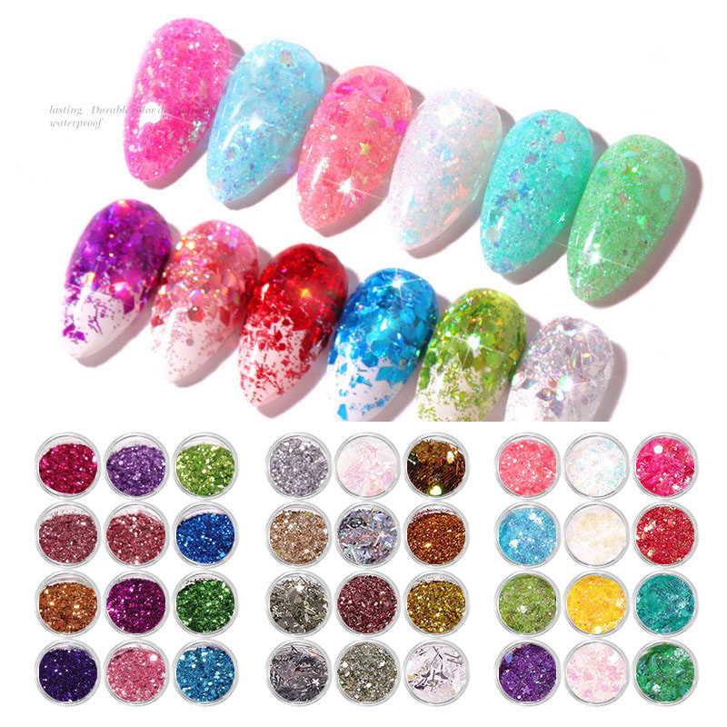 

12Box/lot Nail Mermaid Glitter Flakes Sparkly 3D DIY Colorful Sequins Spangles Polish Manicure Nails Art Decoration