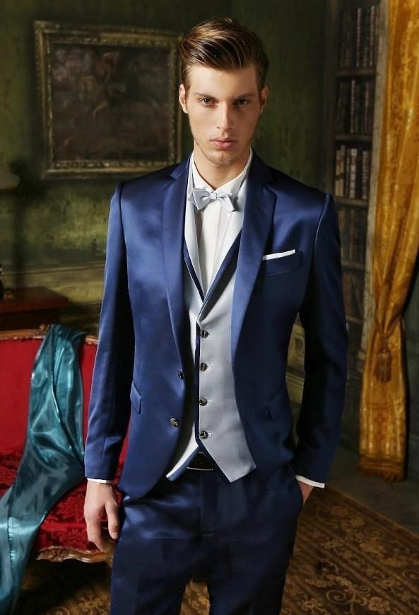 Tuxedos de marié en satin bleu à la mode, revers cranté, robe de mariée pour hommes, bel homme, veste, blazer, costume 3 pièces (veste + pantalon