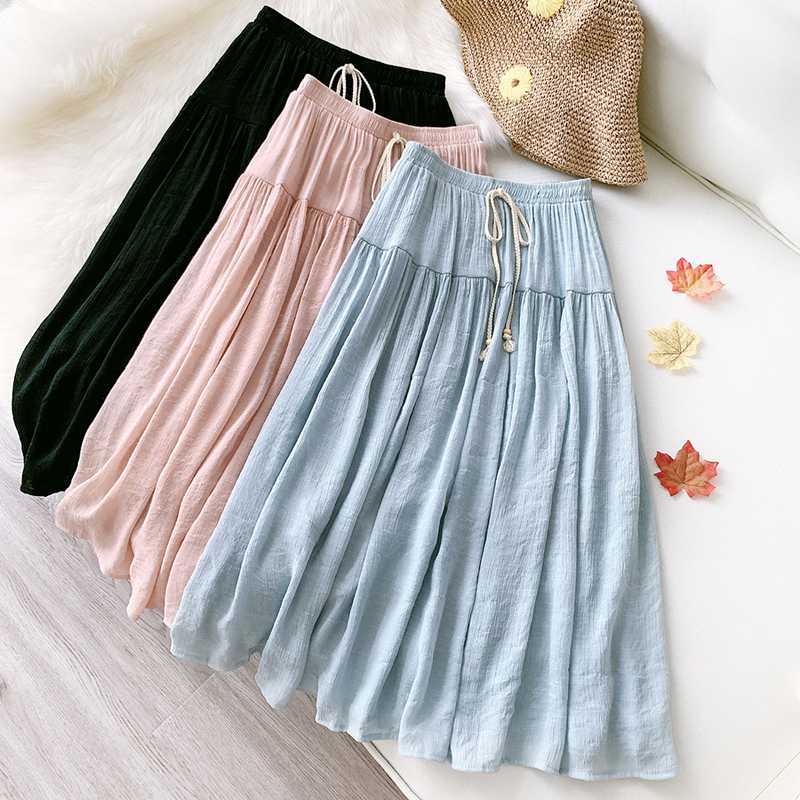

Wasteheart Blue Pink Black Women Skirt High Waist A-Line Long Skirt Mid-Calf Sexy Casual Sashes Cotton Pleated Skirts