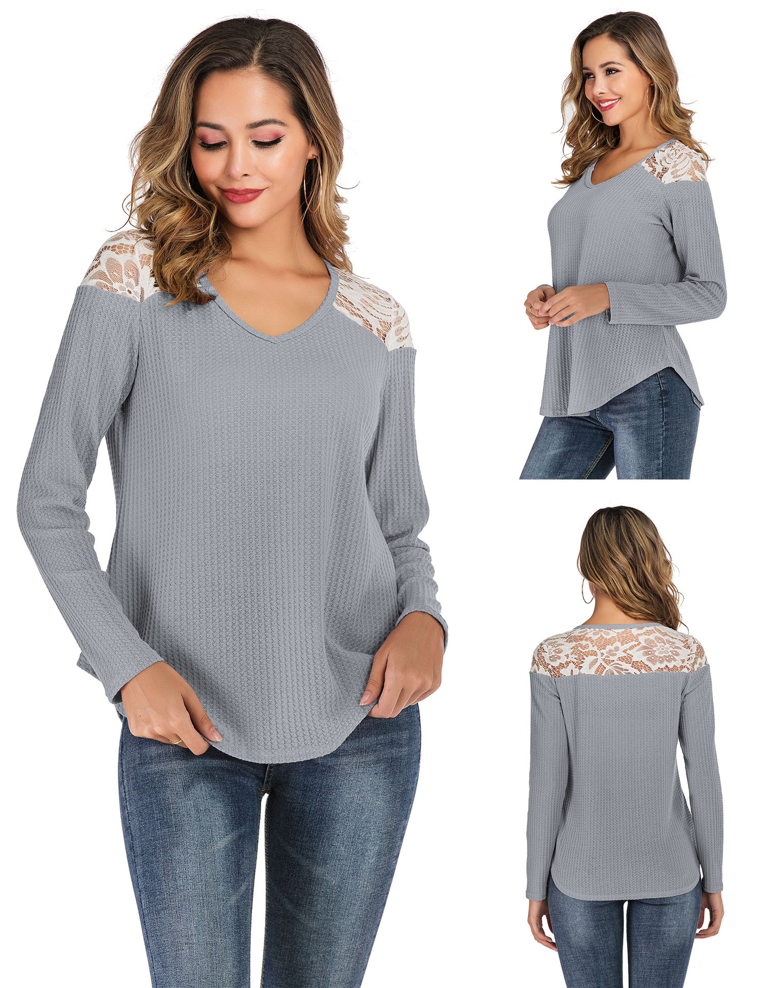 

hot sale Ladies Lace Stitching White Blouses Shirts Women Summer T Shirts Solid Long Sleeve Waffle Loose Top Casual Tops Female Sweet Chic, 2#
