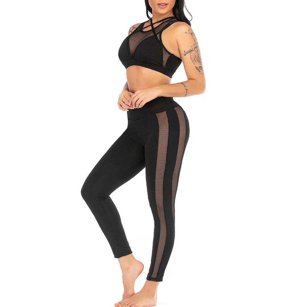 

Two Piece Fashion Womens Perspective Yoga Suit Vest Shorts Sport Fitness Set Sportwear Running Elastic Tops+Pants For Ladies, Black