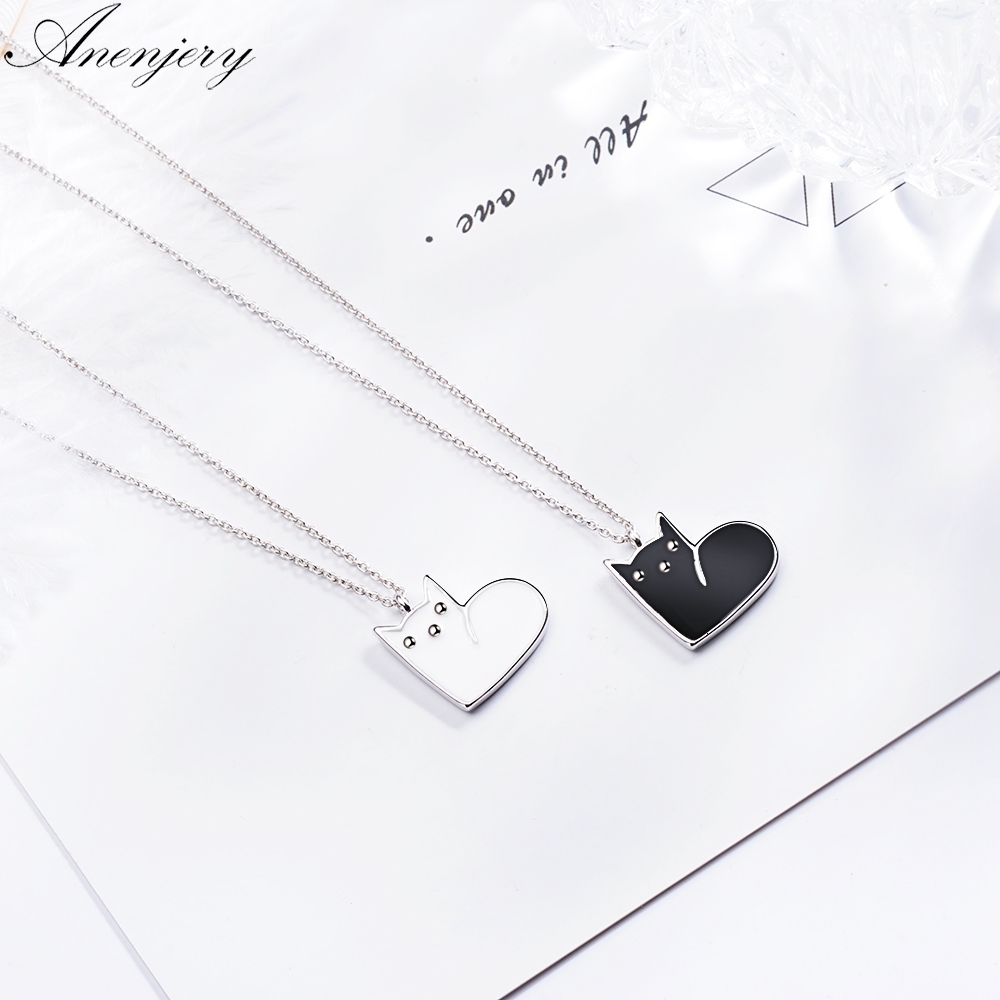 

Simple Black White 925 Sterling Silver Drop Glaze Cute Cat Necklace Short Chain Clavicle Necklace For Women