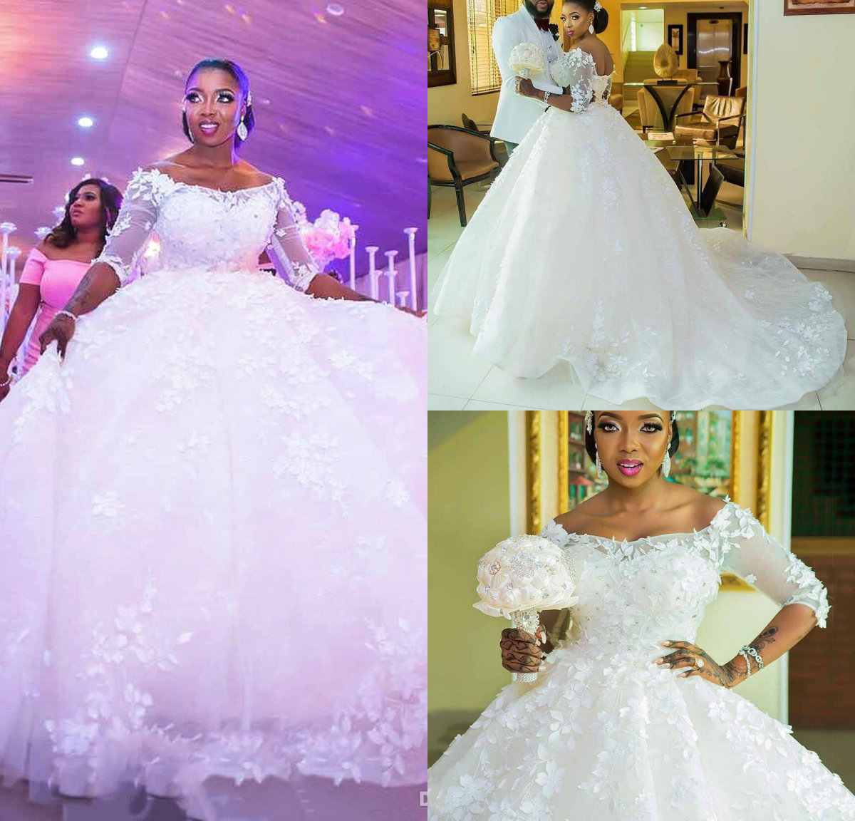 

2019 African Arabic Long Sleeves Wedding Dresses 3D Floral Appliques Beads Lace Up Back Country Wedding Dress Plus Size Ball Bridal Gowns, Pink