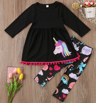 

Kids New Unicorn Suits Girls Long Sleeve Suits Children Printed Skirt + Trousers 2020 New Cartoon Two-piece Sets Fashion Print Casual Sets, Black