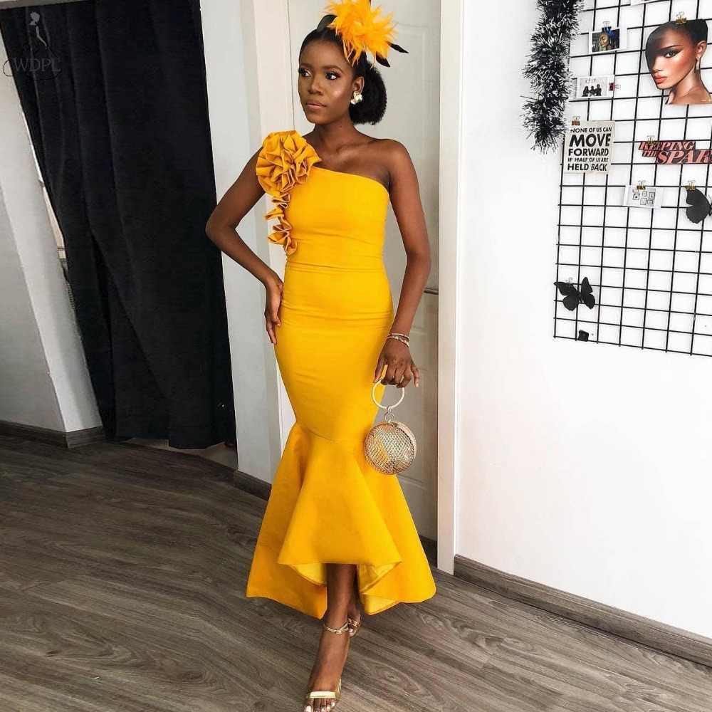 

Sexy Yellow Mermaid Evening Dress One Shoulder Tea Length Satin Prom Dresses Simple Cheap Bridesmaid Formal Party Gowns, Same as picture