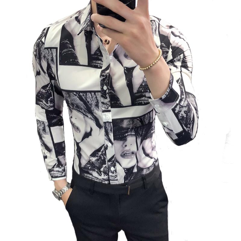 

Quality Autumn Men Shirt Personality Sexy Beauty Print Slim Fit Tuxedo Shirt Long Sleeve Casual Night Club Party Dress Shirts, Tu se