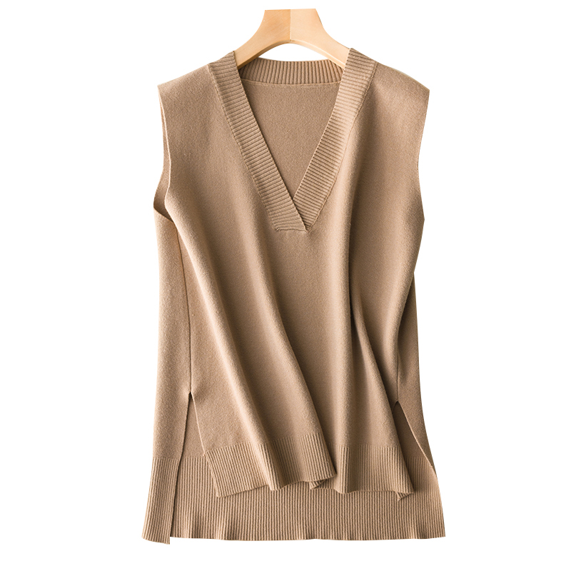 

knit vest women's sweaters fall autumn pullover V-Neck sleeveless pullover solid soft short knitwear, Beige