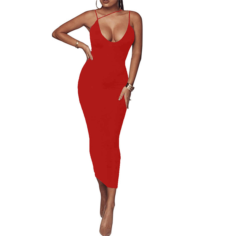 

Mature Sexy Sling Dress Long Deep V-Neck Halter Dress Elegant Women' Sleeveless European Style Tight Hot Sale, Black