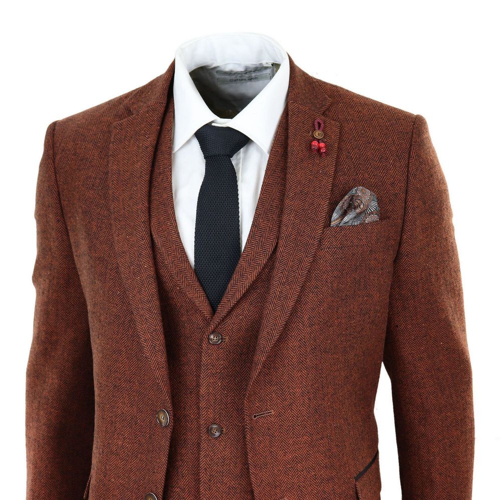 

2020 Rust Herringbone Tweed 3 Piece Suit Mens Suits Wool Vintage Suit Wool Tweed Suit 3 Piece Jacket Vest Pants Custom Wedding Tuxedos, Same as image