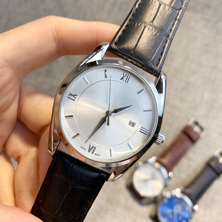 

New Hot selling Fashion Man watch Black/brown Genuine calendar wristwatches Elegant Dress Luxury Watch Quartz Clock Steel case dropshipping, White dial brown band