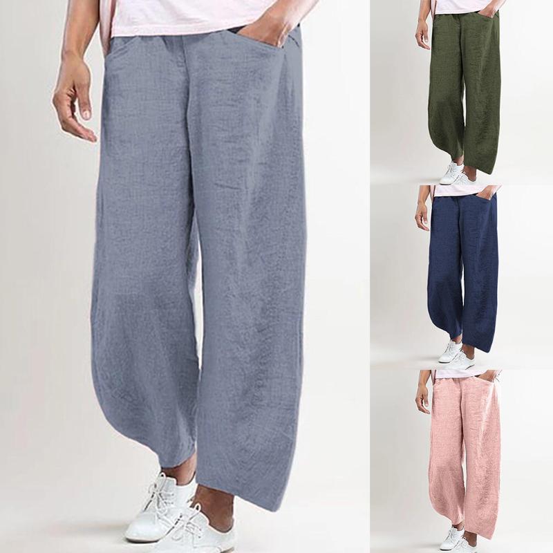 

2020 Women Trousers Solid Color Cotton Flax Elastic Long Pants Beach Leisure Trousers Streetwear Pantalon Femme Pants, Orange