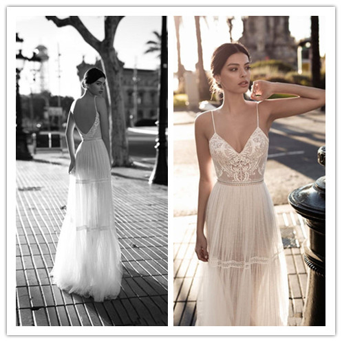 

Gali Karten 2019 Wedding Dresses Bridal Gowns Lace Applique Berta Bohemian Spaghetti Straps V-Neck Backless Floor Length Real Image, Ivory