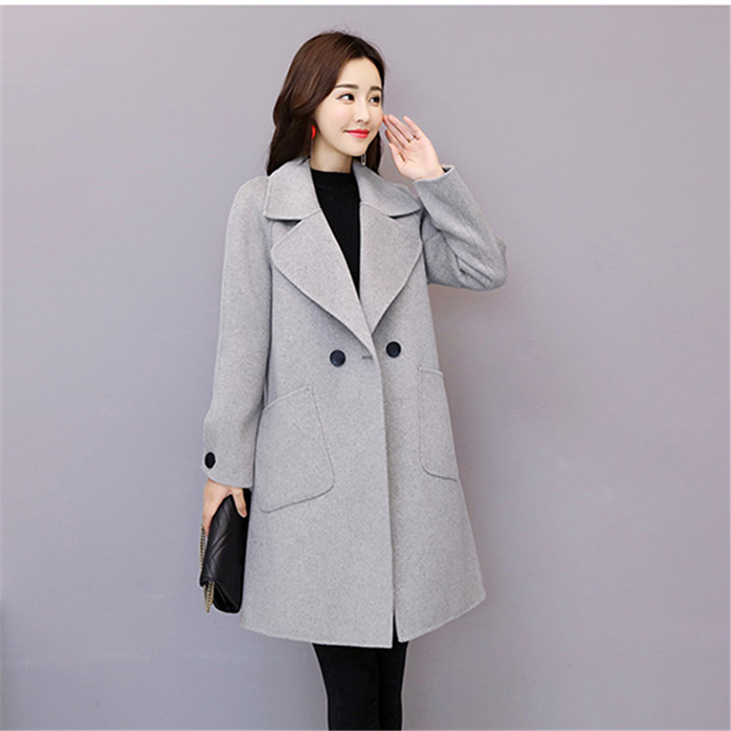 

Temperament Solid Classic Botton Outerwear Warm Women Winter Jacket Woolen Coat Wool Coat Turn-Down Collar Female 2019 New, Gray