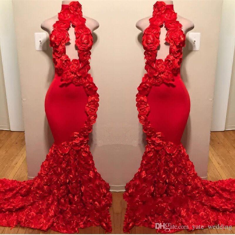 

Red New Design Mermaid Prom Dresses Flower High Neck Sweep Train Sexy Formal Evening Dresses Satin Luxury Fashion Cocktail Party Gowns, Fuchsia