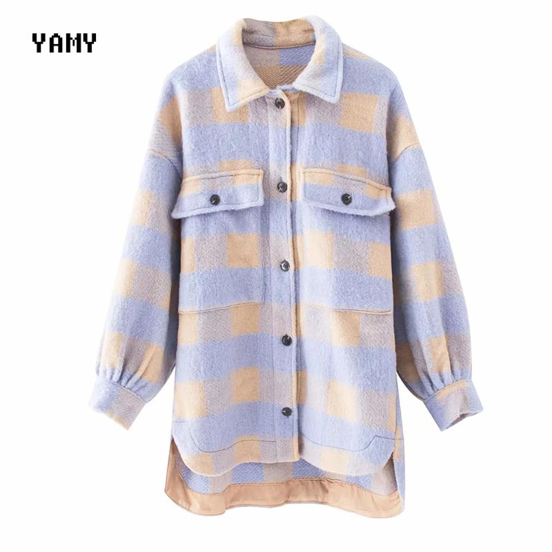New purple color Womens Oversized Jacket Coat loose-fitting pocket checked Overshirt zoravicky Winter long wool Jacket Outerwear