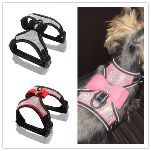 

Reflective Dog Harness Nylon Pitbull Pug  Medium Dogs Harnesses Vest Bling Rhinestone Bowknot Dog Accessories Pet Supplies