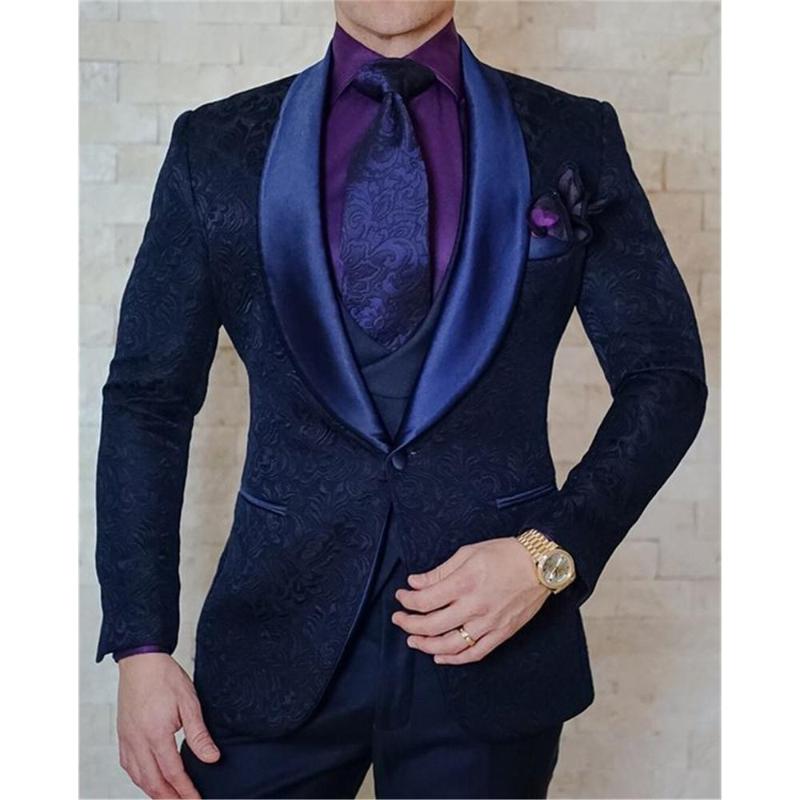 

Groom Tuxedos Suits Shawl Lapel Best Men Custom Made Embossing Men Suits Wedding 3 Pieces ( Jacket+Pants+Vest+Tie ) E83, Same the picture