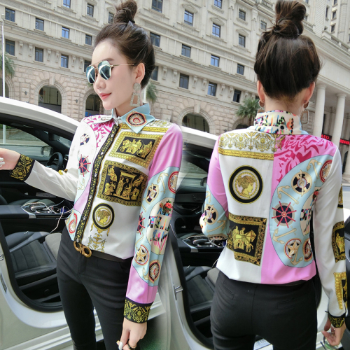 

Hot Sale New Vintage Elegant Designer Shirts Women Fashion Long Sleeve Lapel Neck Printed Runway Ladies Button Blouse Slim Office Shirt Tops, White