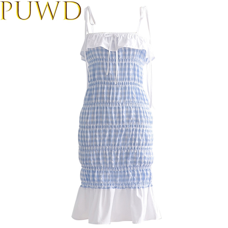 

Sweet women blue plaid dress 2020 summer fashion ladies ruffles patchwork dresses female dress girls chic vestido